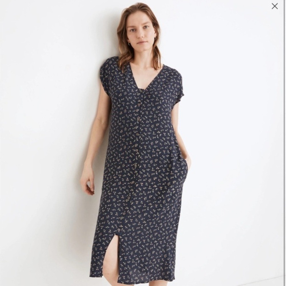 Madewell Navy Blue Floral Button Front Midi Dress with Pockets Size Large